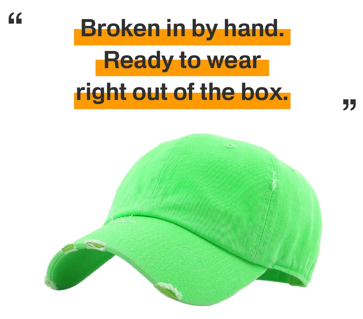 Neon Green Distressed Vintage Baseball Cap Front Side View
